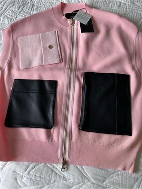 Aleeza Paris Women’s Pink Zip-Front Sweater vest with Black Pocket Panels